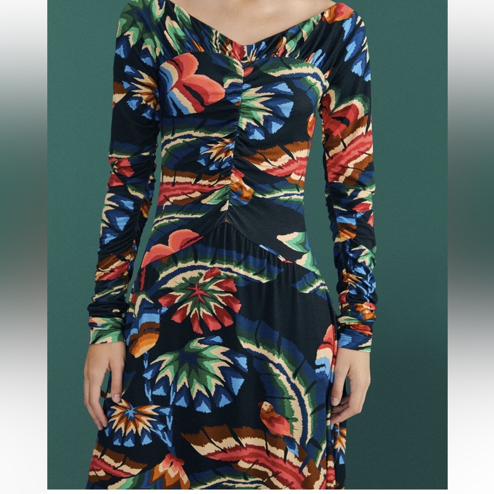 Farm Rio NWT Chevron Forest Black Jersey Dress colorful with long Sleep - Picture 3 of 12